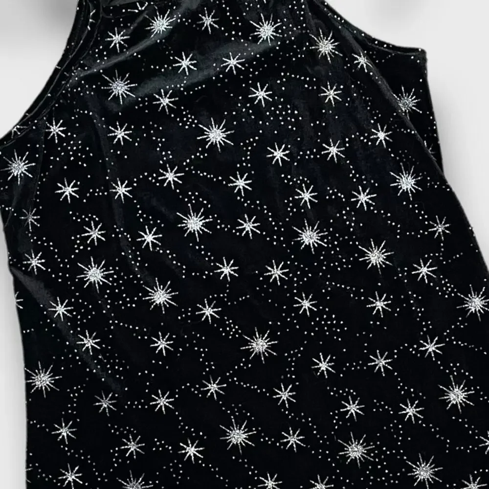 BOUTIQUE Y2K VELOUR CELESTIAL STARS MINI PARTY DRESS BLACK SILVER SMALL
